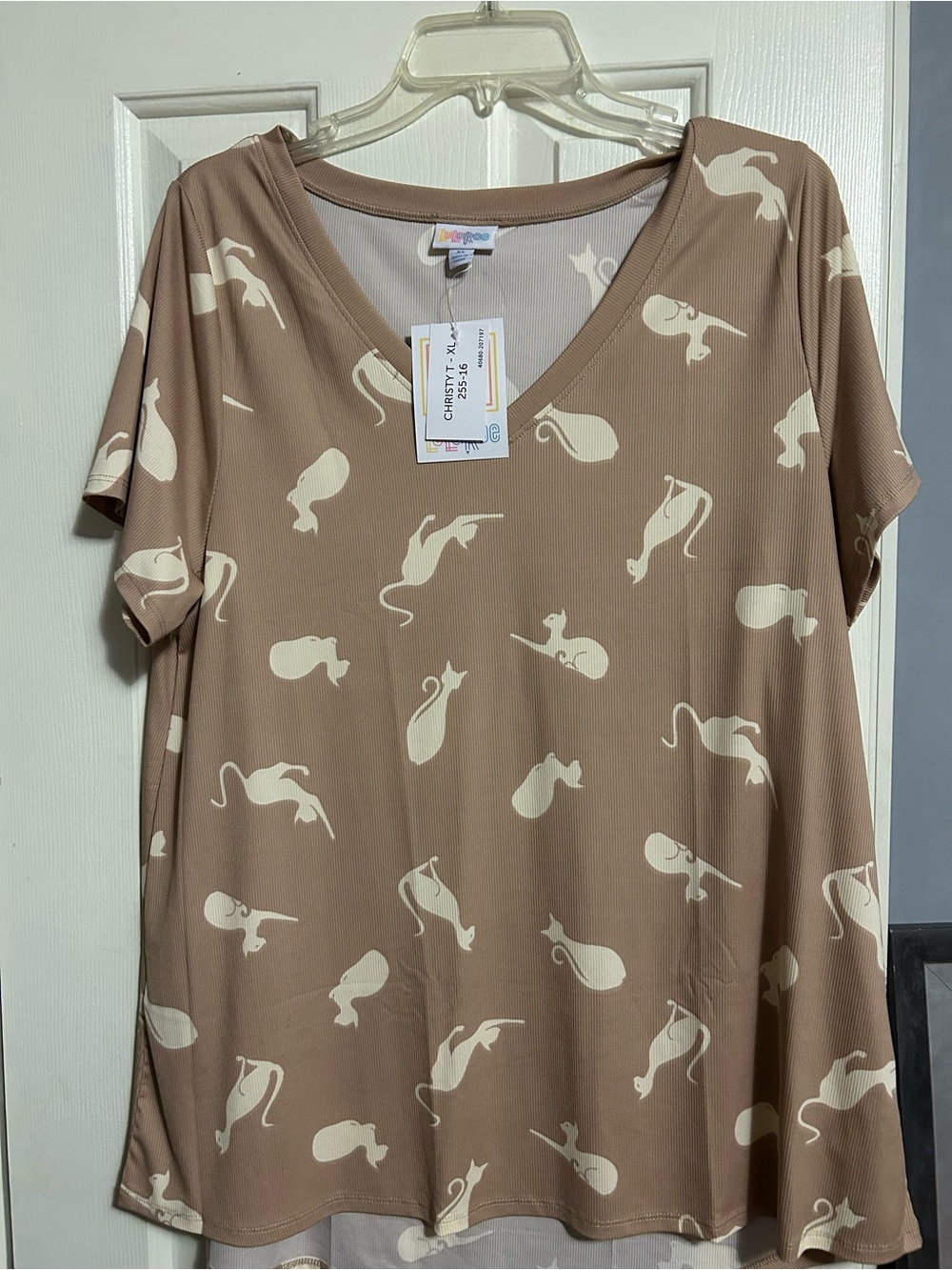 LuLaRoe Tan V-Neck Top with Cream Cat Silhouettes
